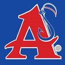 Stylized red A in a blue square with a blue fish hook along the right edge