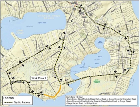 Map showing detour around construction work on Stage Harbor Road