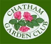 Pink flowers and green leaves in an oval surrounded by "Chatham Garden Club" in green lettering