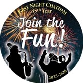 First Night 2025 Button with gold fireworks on a black background with silhouettes outlined in white