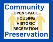 Paperdoll chain in gold with Community in blue above and Preservation in blue below all in a blue square