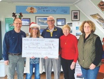 Two men and three women standing at Chatham Municipal Airport holding an oversized check.