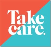 Square divided diagonally with orange on top and turquoise on the bottom with Take Care in white in the center