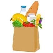 Cartoon image of a brown paper bag filled with groceries