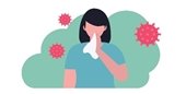 cartoon image of a woman blowing her nose with virus around her