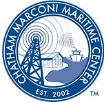 Blue radio tower emitting waves and a blue ship receiving the transmission in a blue circle with Chatham Marconi Maritime Center in white letters around it