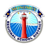 Monomoy School District logo featuring a red lighthouse radiating beams of light