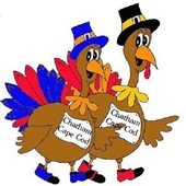 Two cartoon turkeys wearing pilgrim hats
