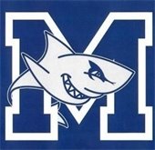 Blue Square containing a white M and white cartoon shark
