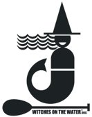 A stylized witch figure with a fish tail over a horizontal oar