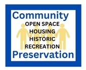 Blue square with Community Preservation inside with line of people shapes in yellow in center