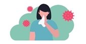 Cartoon image of woman blowing her nose with virus symbols around her