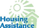 Stylized sun and house outline in green with Housing Assistance in front in blue