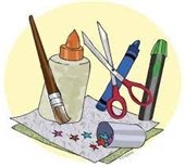 cartoon drawing of bottle of glue, marker, crayon, scissors and paint brush with a pale yellow background