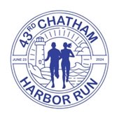 Circular logo of the silhouettes of a man and women running with depictions of a lighthouse and waves on either side of them