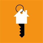 black key with a white house shaped tag on an orange background