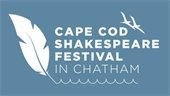 A white quill drawing waves in a blue rectangle below the words Cape Cod Shakespeare Festival in Chatham
