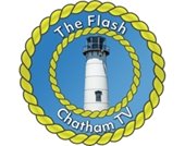 white lighthouse encircled by a gold-colored rope with The Flash and Chatham TV around it