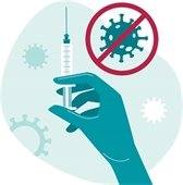 Teal hand holding a syringe with a virus icon in a red crossed out circle