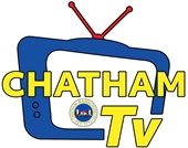 Blue outline of a television set with red antennae on top, the Chatham Town seal within it and Chatham TV spelled out across it in yellow letters