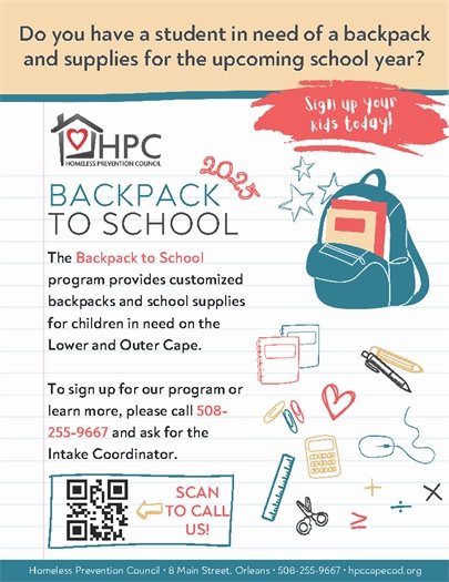 Backpacks to School Program information call 508-255-9667