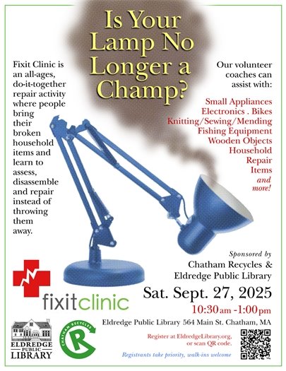 Fix-It Clinic at the Eldredge Public Library on Saturday, Sept. 27th from 10:30 a.m. to 1 p.m.