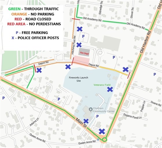 Map of area around Veterans Field showing parking restrictions for New Year's Eve fireworks