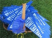Blue pennants with Team Chatham on them in a basket on the grass