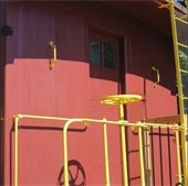 Rear door of the red caboose at the Chatham Railroad Museum