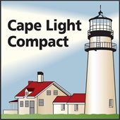 White lighthouse with red-roofed lightkeepers cottage next to it with Cape Light Compact written beside it 