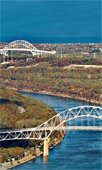 Aerial photo showing the Cape Cod Canal and the Bourne and Sagamore Bridges