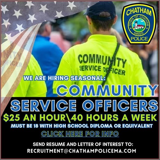 Chatham is hiring Community Service Officers for the 2026 summer season