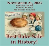 Graphic of children in historical costume around a table of pies.