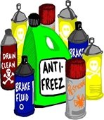 Cartoon image of bottles and cans with skulls and bones on them