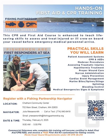 CPR and First Aid training for commercial fishermen at Community Center on February 6th.