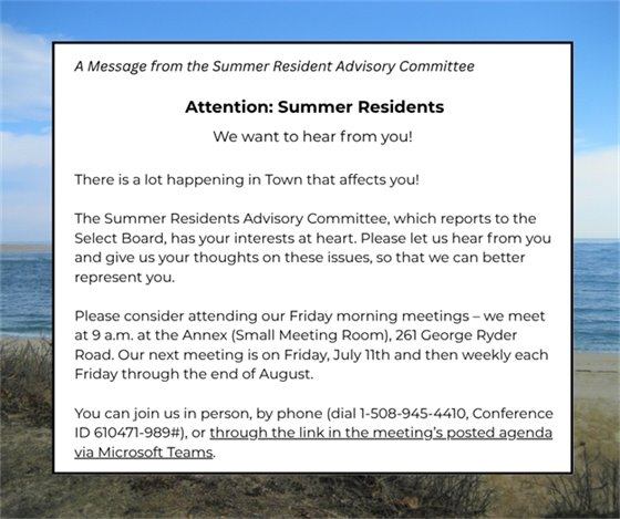 Message from the Summer Residents Advisory Committee encouraging participation in their weekly meetings
