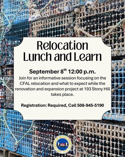 Relocation Lunch and Learn at the Center for Active Living on September 8 at 12 noon