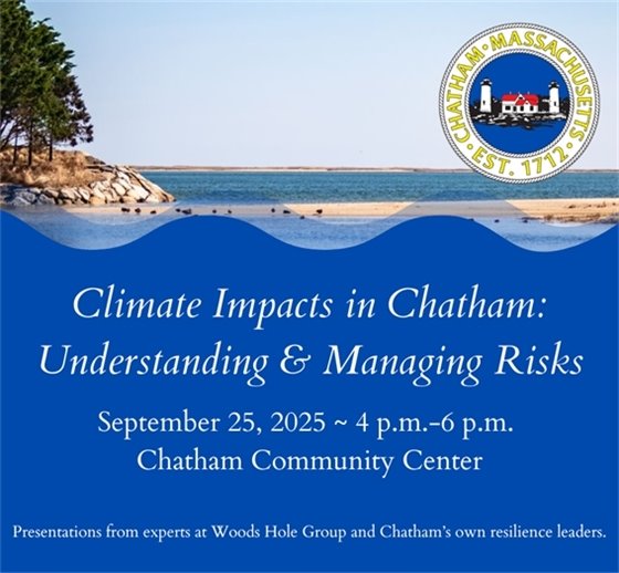 Graphic showing shoreline with blue waves below and information on the community climate event on September 25th at 4 p.m. 