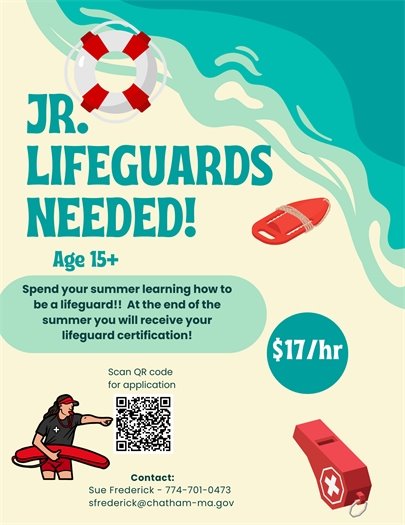 Jr. Lifeguards needed, $17 per hour, call Sue Frederickson at 774-701-0473