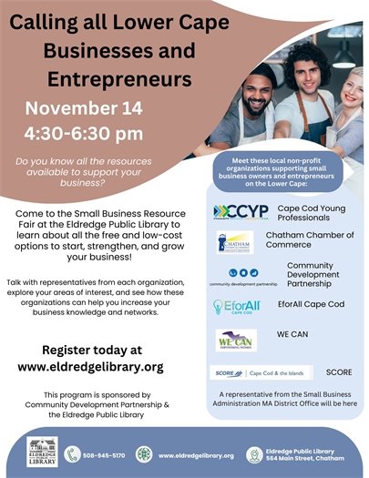 Small Business Resource Fair at the Eldredge Public Library November 14 from 4:30 to 6:30 p.m.