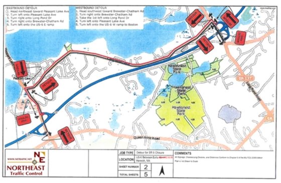 Route 6 detours between Exits 82 and 85 (old 10 and 11)