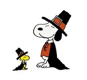 Cartoon characters Woodstock, a small yellow bird, and Snoopy, a beagle, dressed as Pilgrims
