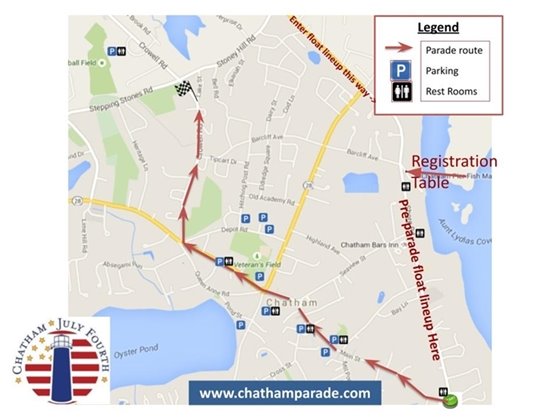 Map of downtown Chatham showing Independence Day Parade route and parking areas