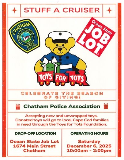 Stuff A Cruiser toy drive at Ocean State Job Lot on Saturday, December 6 from 10 a.m. to 2 p.m. 