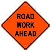 Orange diamond with ROAD WORK in black letters