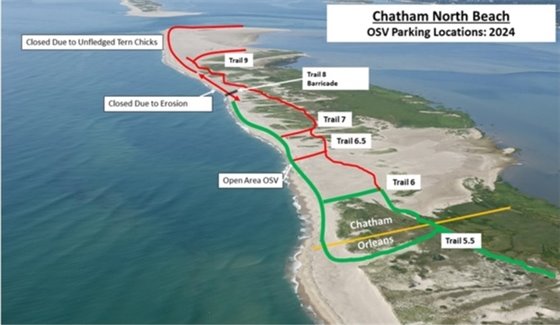 Aerial shot of North Beach with OSV trails marked as open or closed in green and red
