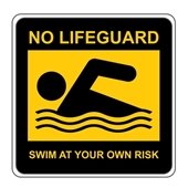 black icon of a swimmer with No Lifeguard  Swim at Your Own Risk above and below in yello