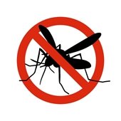 Mosquito in a red circle with a red slash through it.