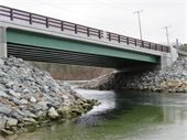 Bridge spanning a river with stone footings on either side