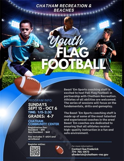Youth flag football for grades 4-7 runs on Sundays from 1:15 p.m. to 2:30 p.m. Sept. 15 thru Oct. 6.